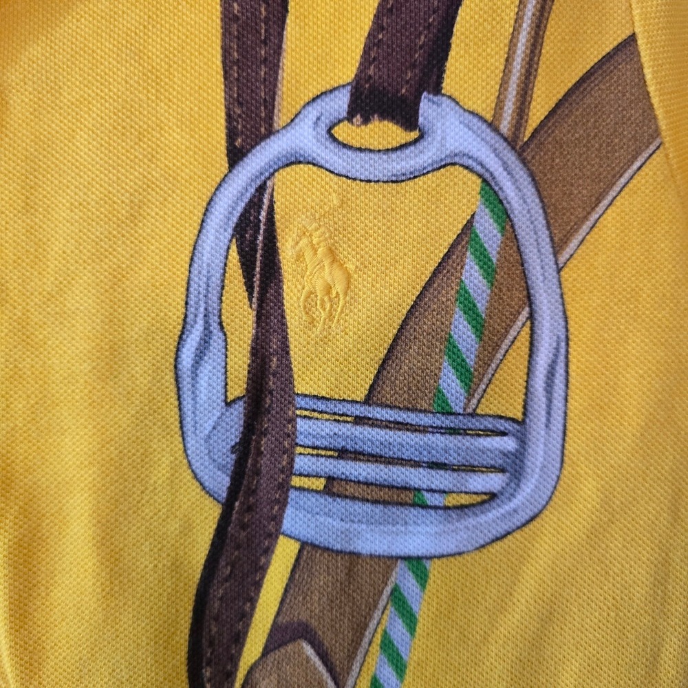 Ralph Lauren The Skinny Polo Yellow Equestrian Stirrup Print Shirt Womens M - Picture 3 of 8